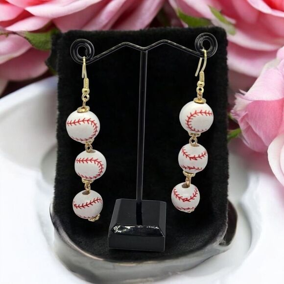 Baseball Charm Earrings Women's Round Wood Dangle Hook Jewelry Pierced Sport Fan - Picture 5 of 5